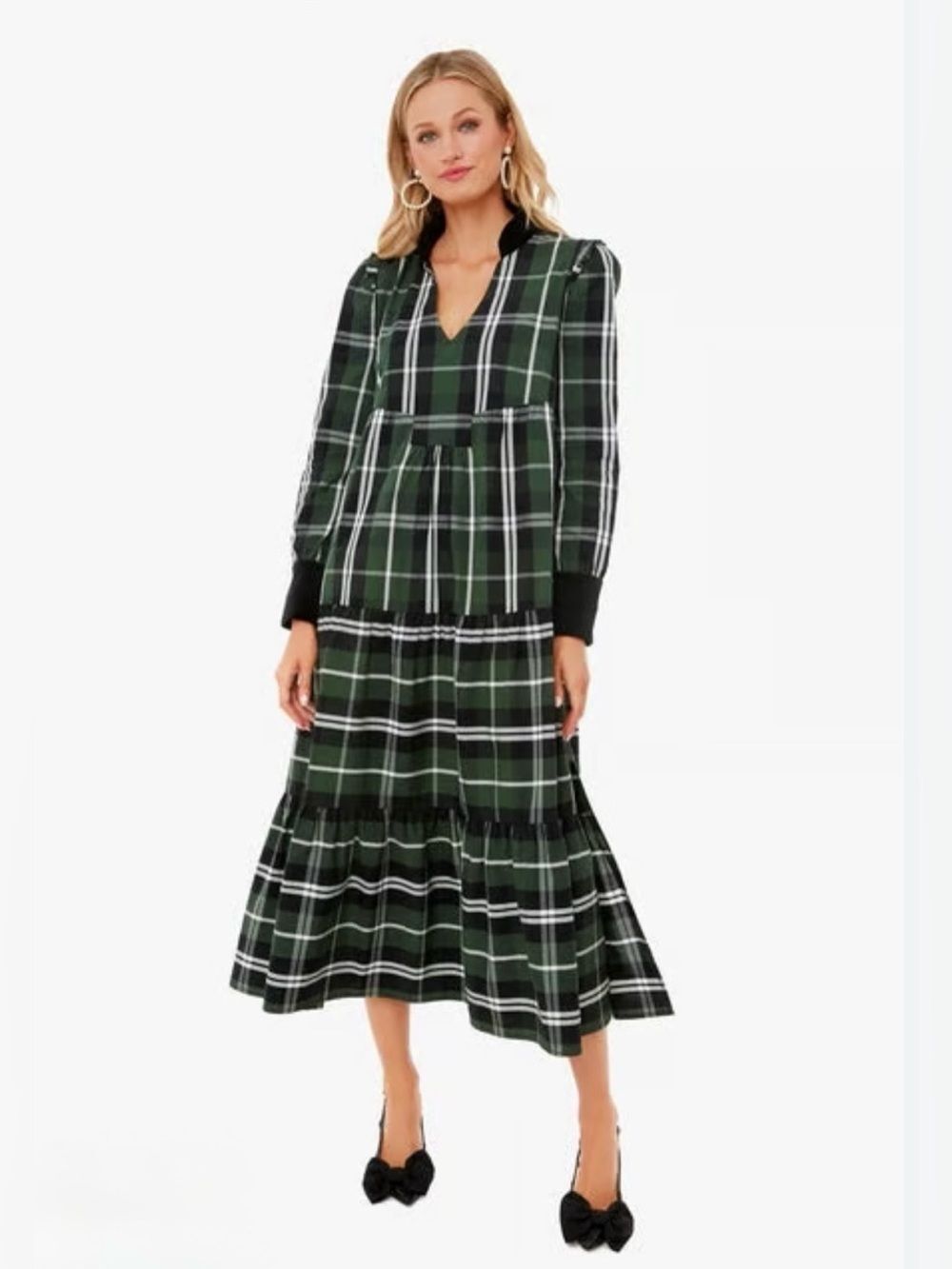 Tuckernuck XS Tartan Plaid Green Black White Velvet Trim Long Sleeve Midi Dress